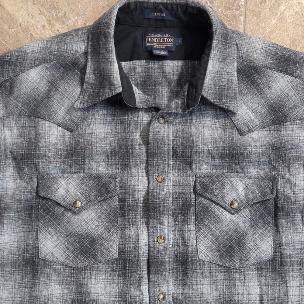 Pendleton Canyon Western Shirt Mens Large Grey Black Plaid Wool Pearl Snap 1969 - Picture 8 of 11